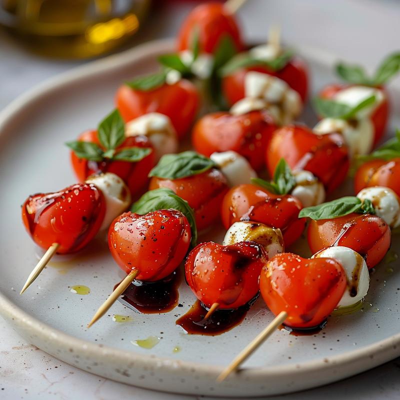 Close-up of heart-shaped Caprese skewers on a light grey plate.