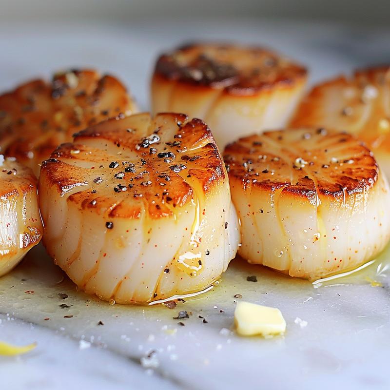 Close-up of seared scallops with lemon butter sauce on white marble.