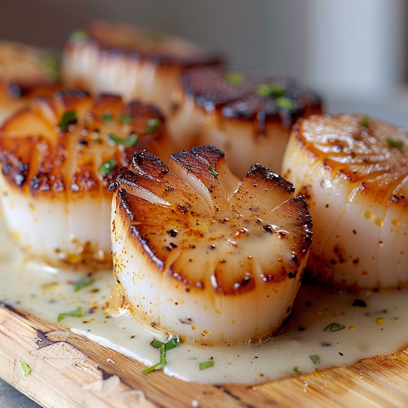 Close-up of seared scallops with creamy sauce on a wooden board.