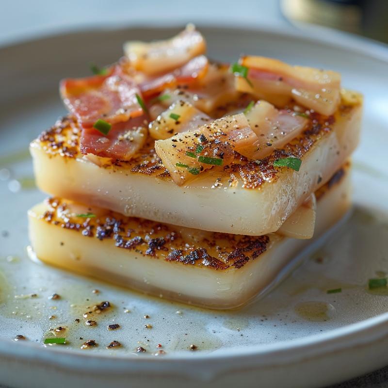 Close-up of scallop appetizers with saffron and pancetta.