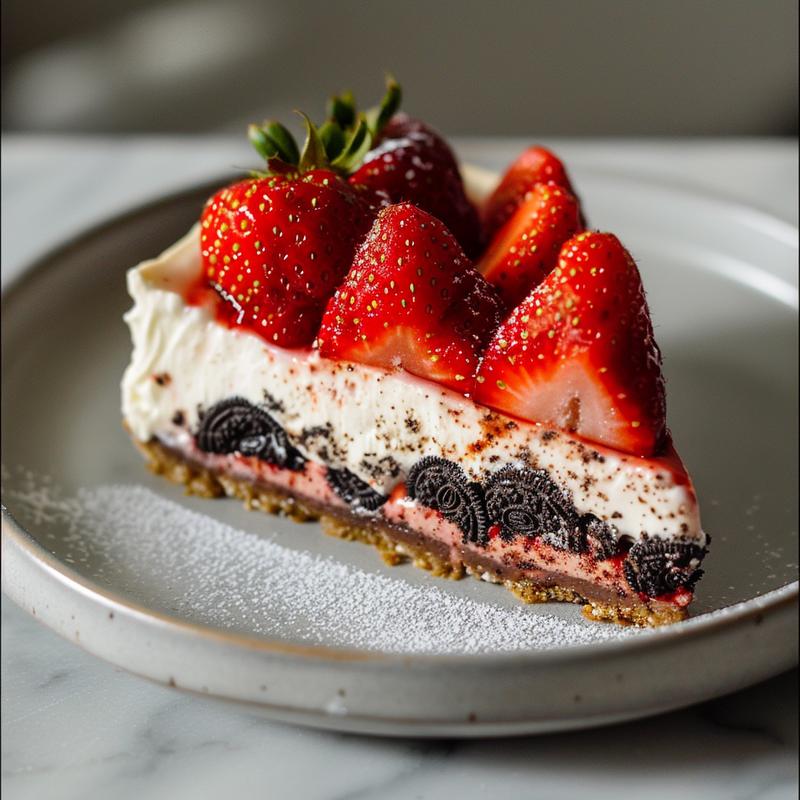 Close-up of Oreo cheesecake stuffed strawberry on a grey plate.