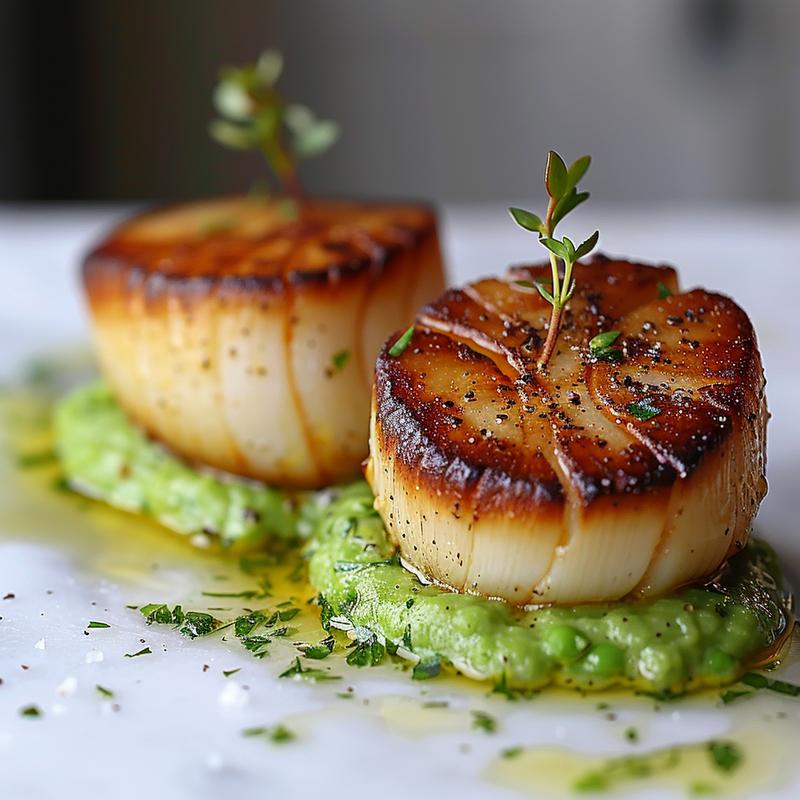 Close-up of garlic butter scallops atop pea puree on white marble.