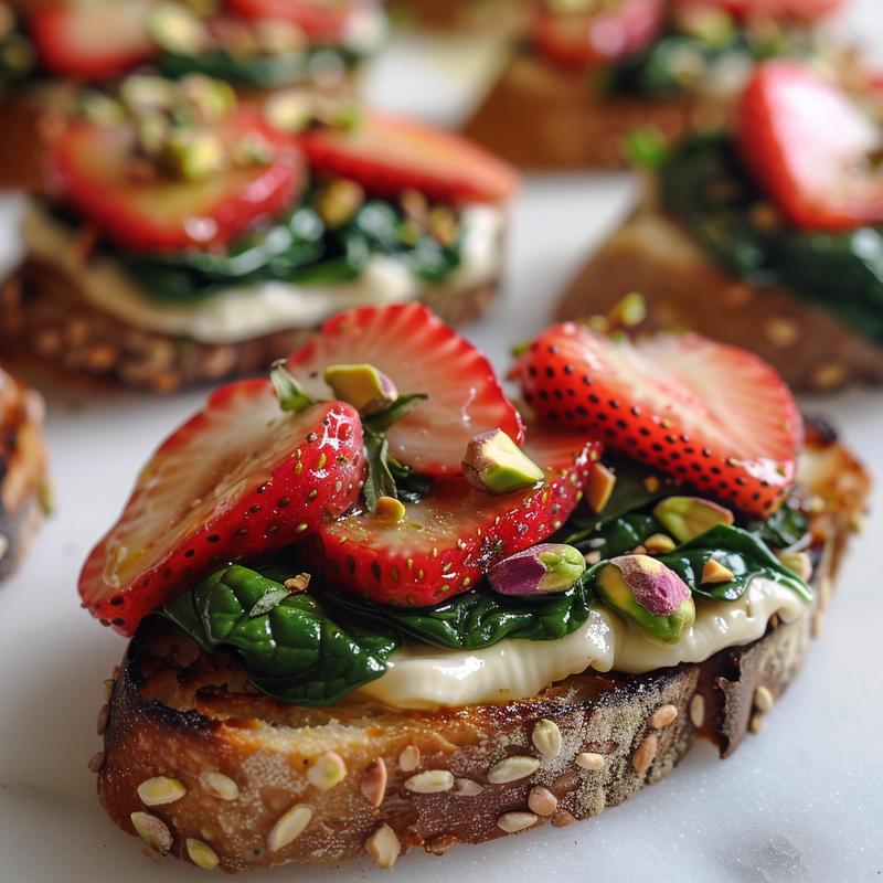 Close-up of a strawberry, spinach, and pistachio crostini.