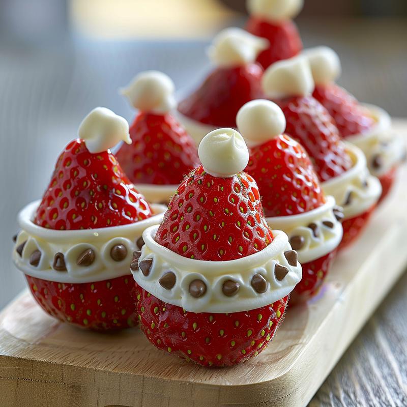Three strawberry Santas on a light wood board, topped with whipped cream hats and mini chocolate chip eyes.
