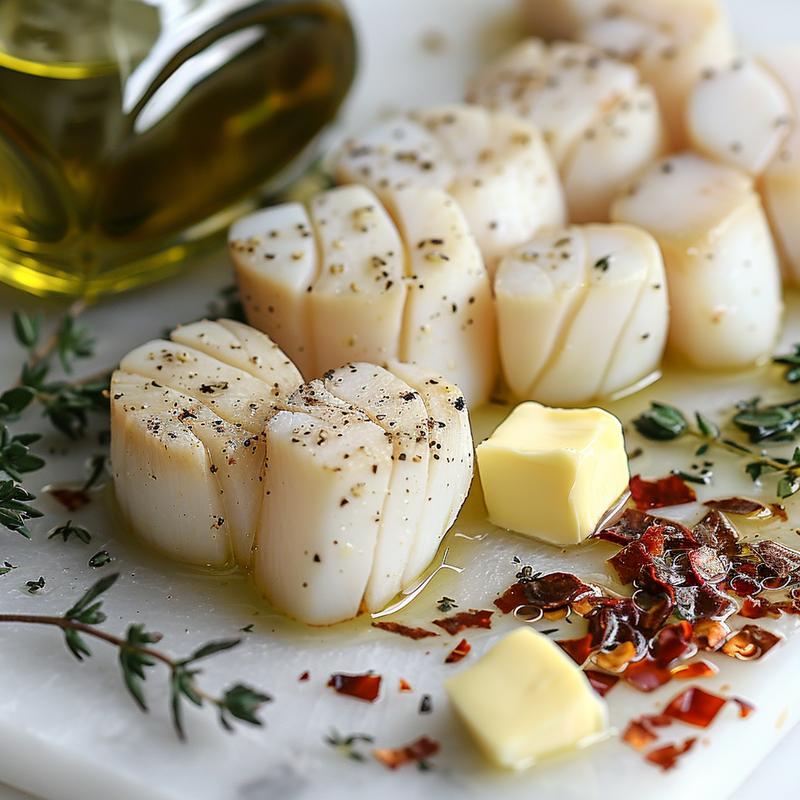Close-up of perfectly seared scallops on white marble.