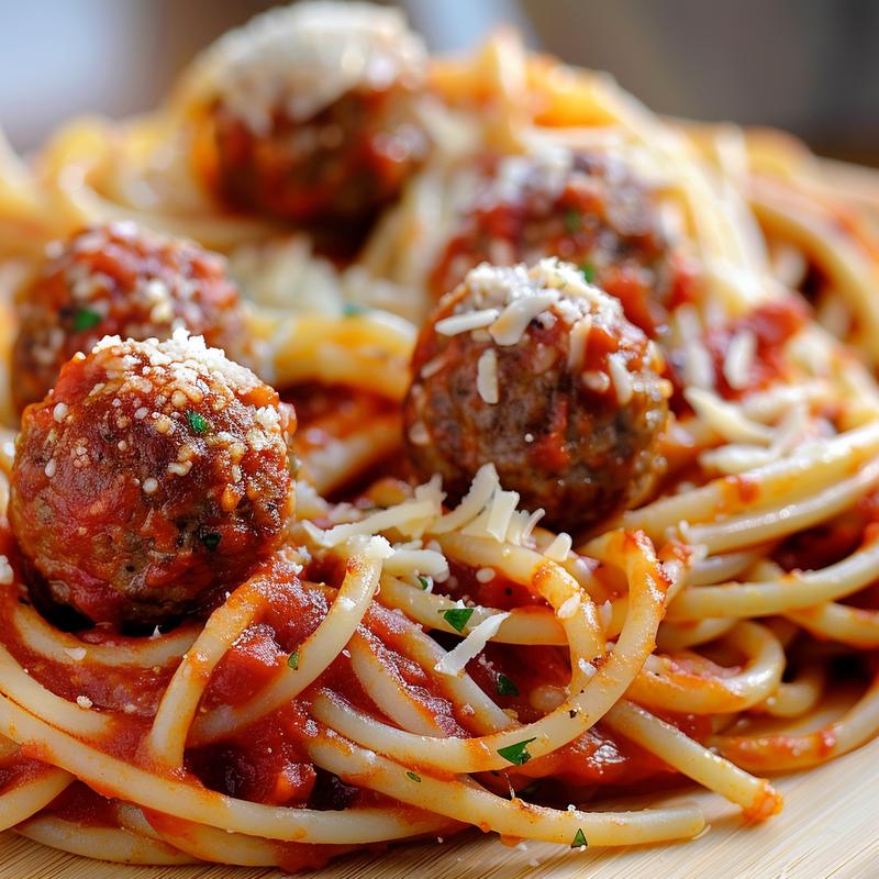 Close-up of baked spaghetti with meatballs, cheese melted on top.