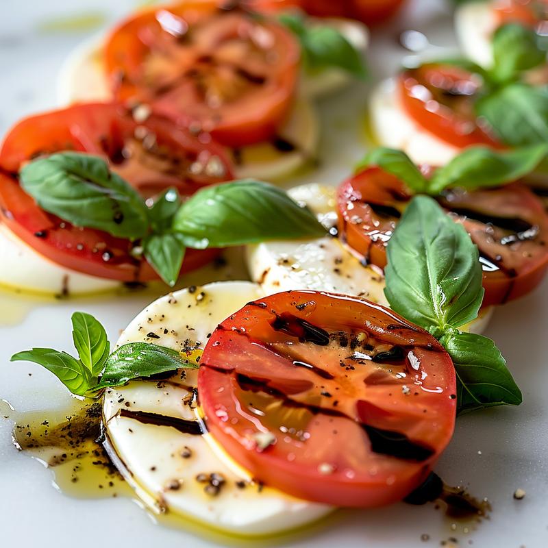 Heart-shaped Caprese salad featuring tomatoes, mozzarella, basil, and balsamic glaze on marble.