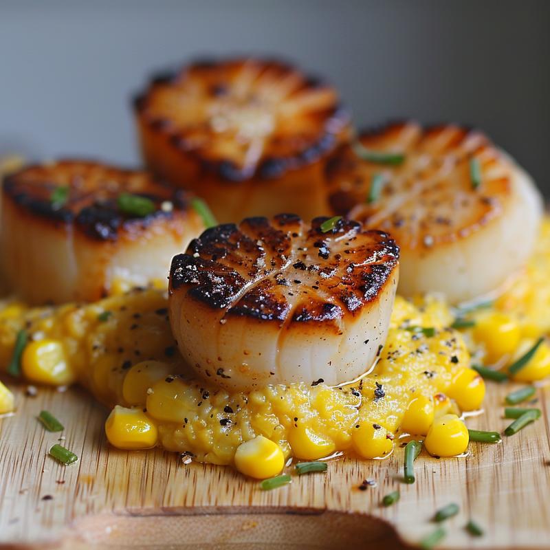 Close-up of seared scallops on sweet corn puree.