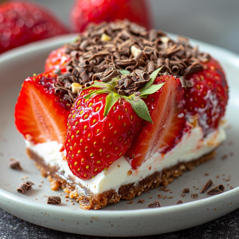 Close-up of cheesecake-filled strawberries on a grey plate.