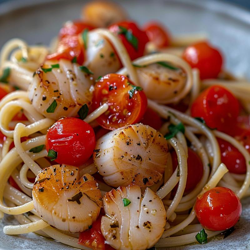 Close-up of seared scallop pasta with tomatoes and herbs on a grey plate.