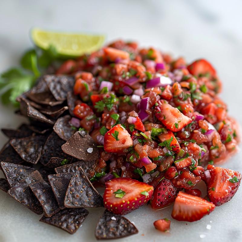 Close-up of strawberry salsa with chocolate chips on white marble.