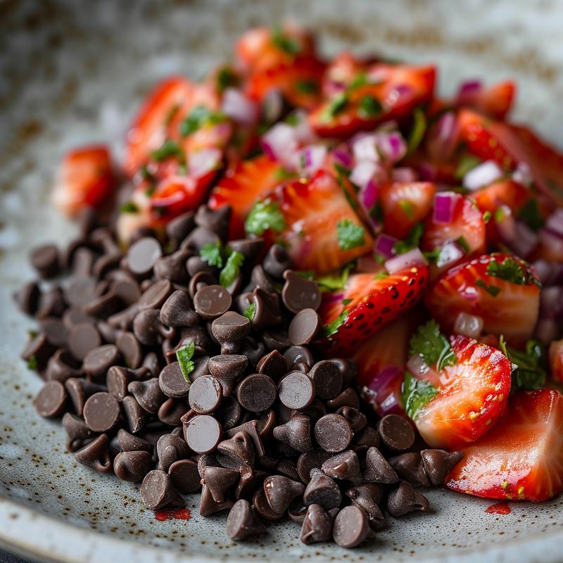 Close-up of strawberry salsa with chocolate chips on a grey plate.