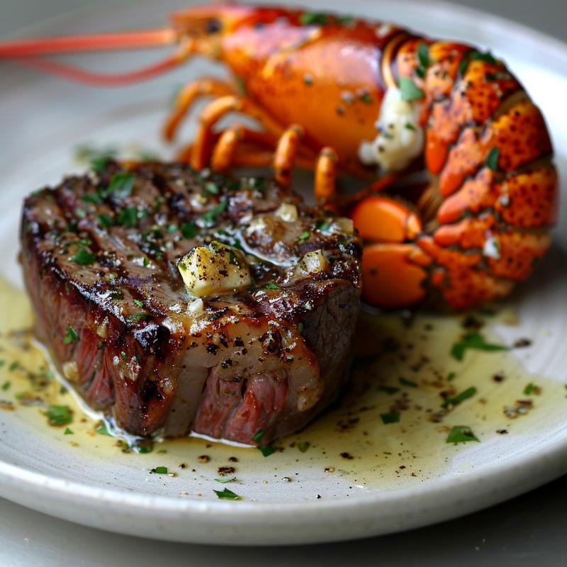 Close-up of surf and turf with creamy garlic sauce.