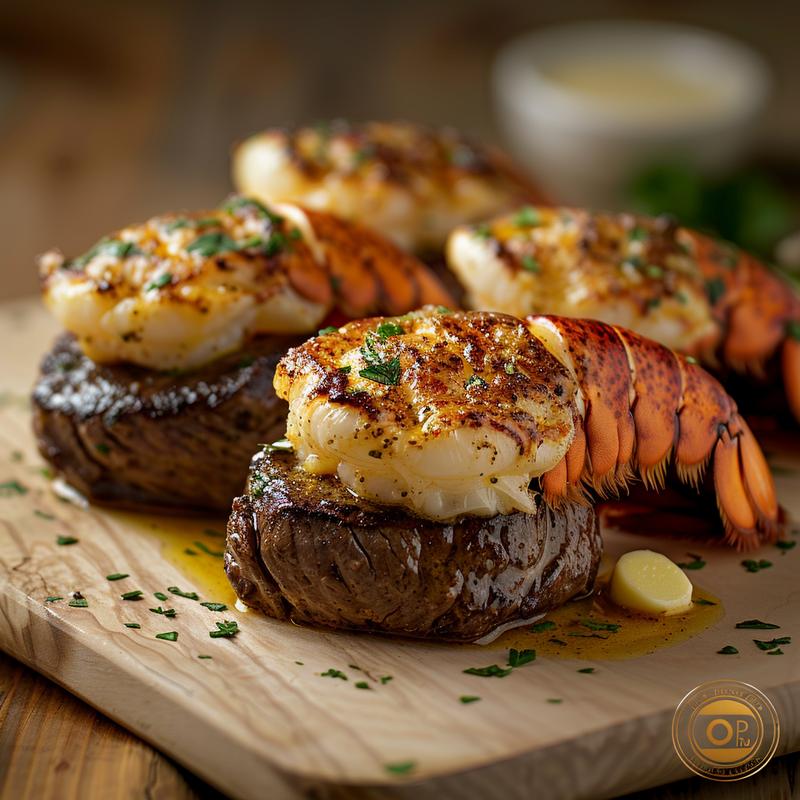 Close-up of surf and turf with lobster tails and steak on a wood board.