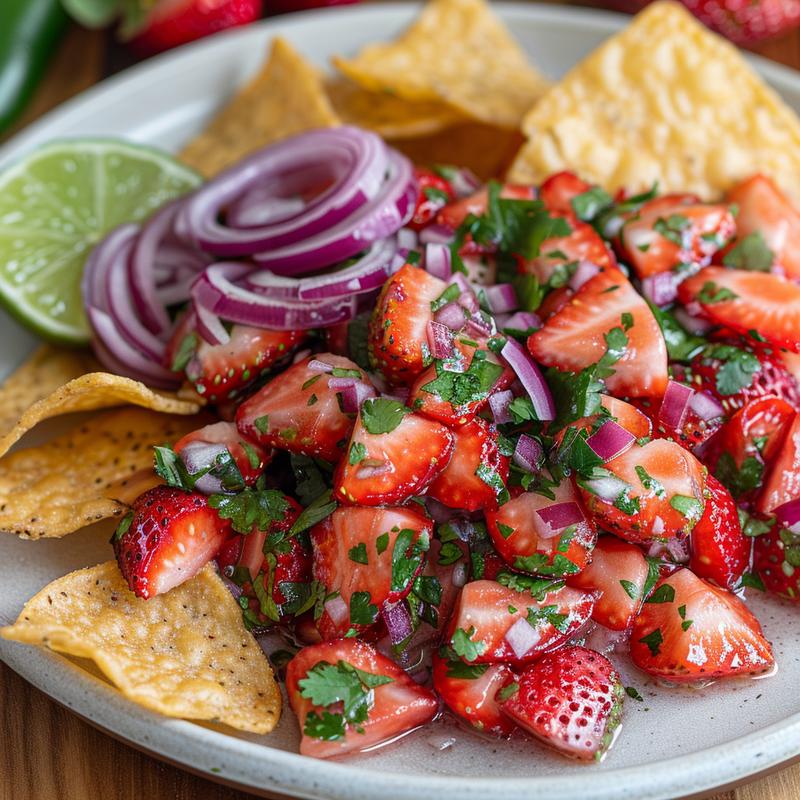 Close-up of vibrant strawberry salsa with chocolate chips on a light grey plate.
