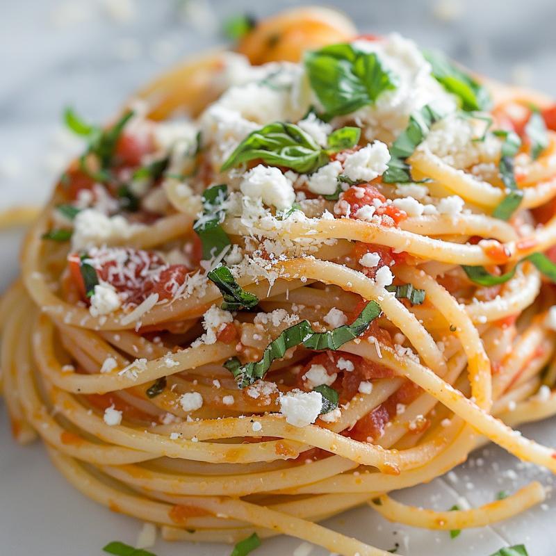 Close-up of baked spaghetti with ricotta, showcasing textures and ingredients.