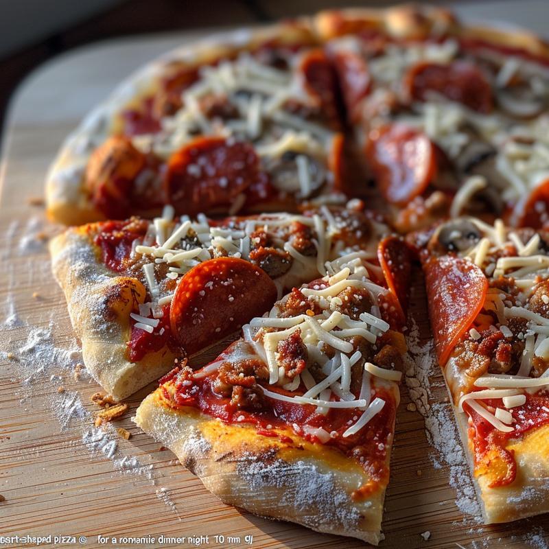 Close-up of a heart-shaped pizza with pepperoni, mushrooms, and olives on a wooden board.