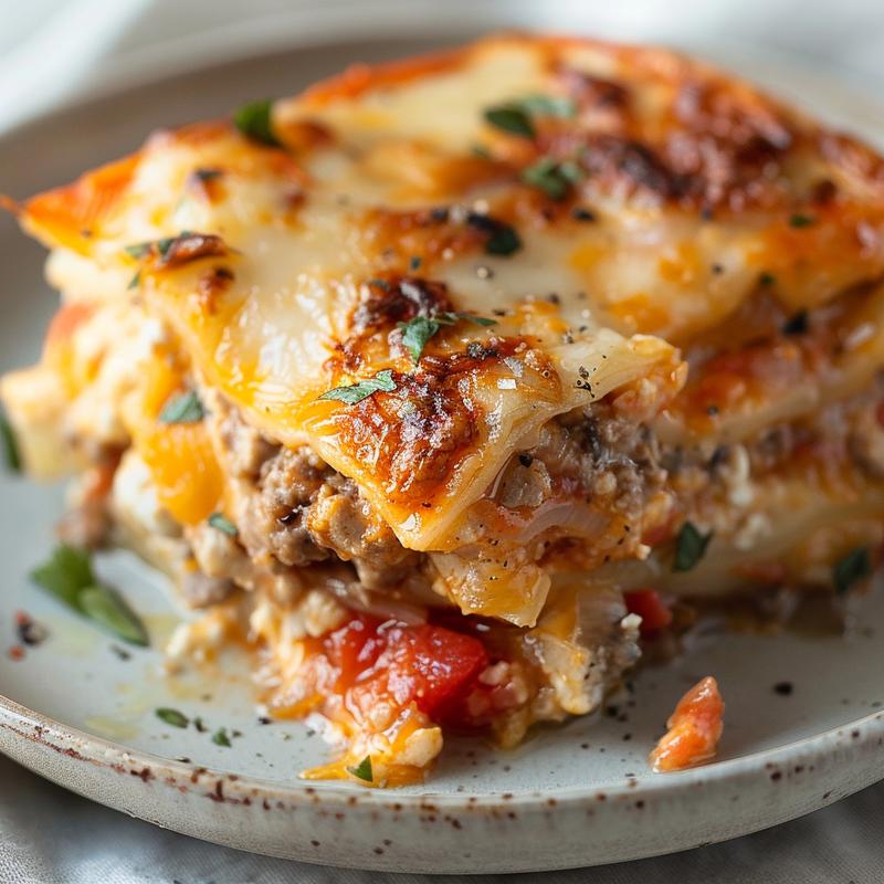 Close-up of creamy cheesy cauliflower au gratin casserole on a light grey plate.