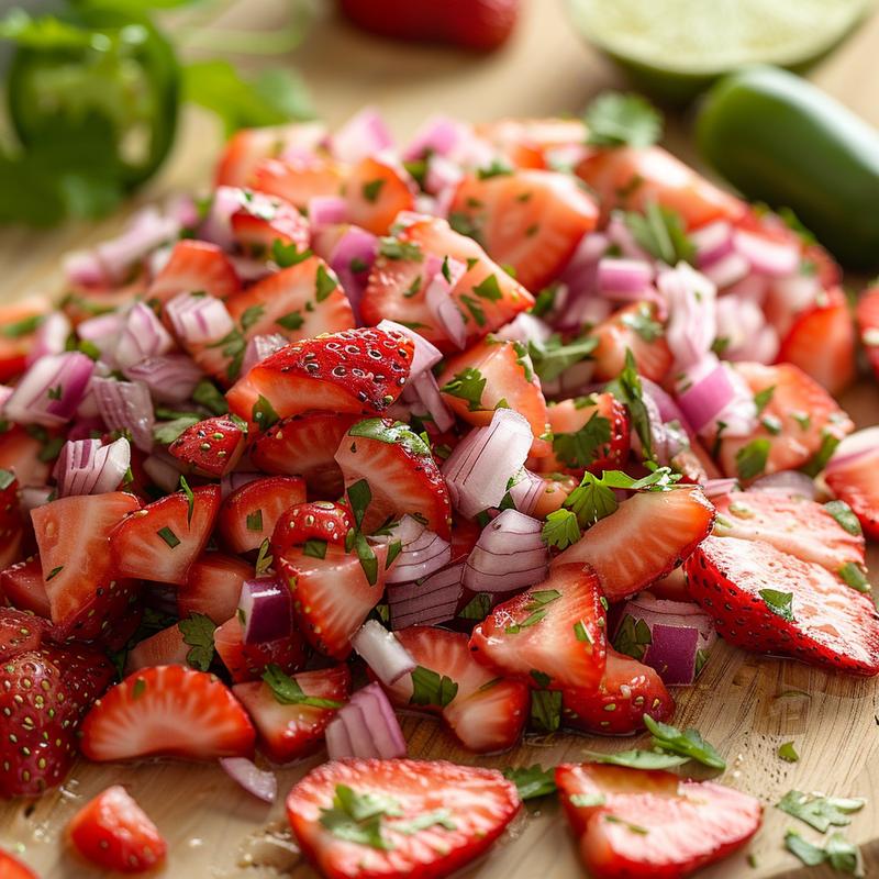 Close-up of vibrant strawberry salsa with visible ingredients.