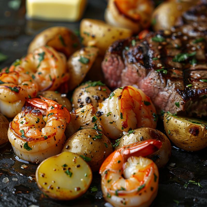 Close-up of surf and turf with scallops, shrimp, steak, and potatoes.