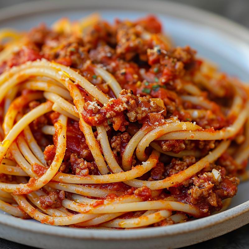 Close-up of baked spaghetti with visible ground beef and sauce.