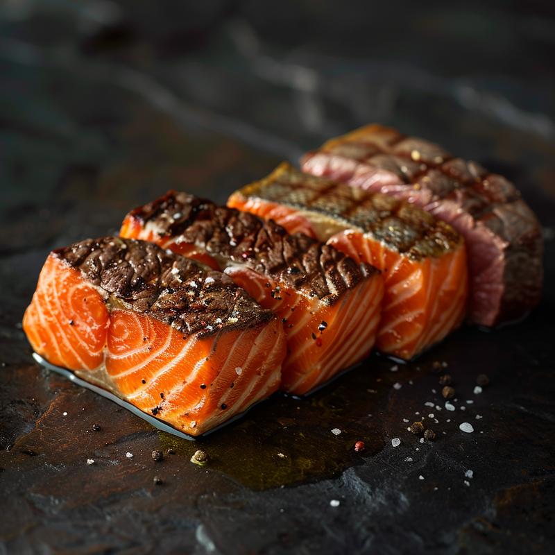 Close-up of steak and salmon on a dark surface.