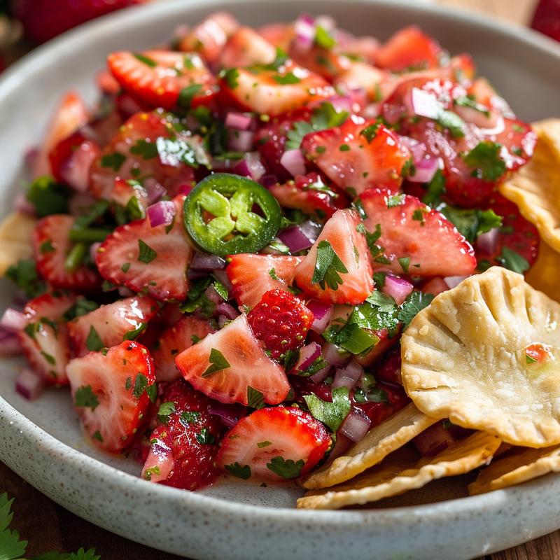 Close-up of strawberry salsa with pie crust chips on a light grey plate.