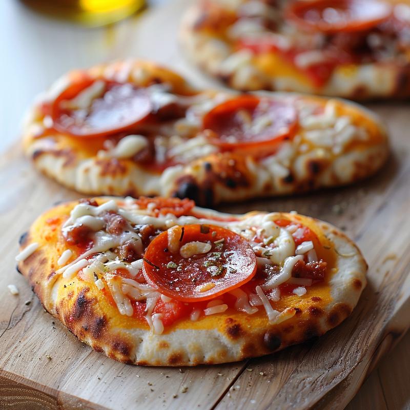 Close-up of mini heart-shaped pizzas on a light wooden board.