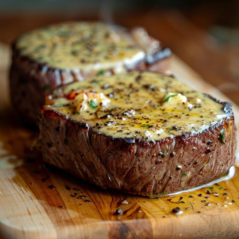 Close-up of surf and turf with creamy garlic sauce on a wooden board.
