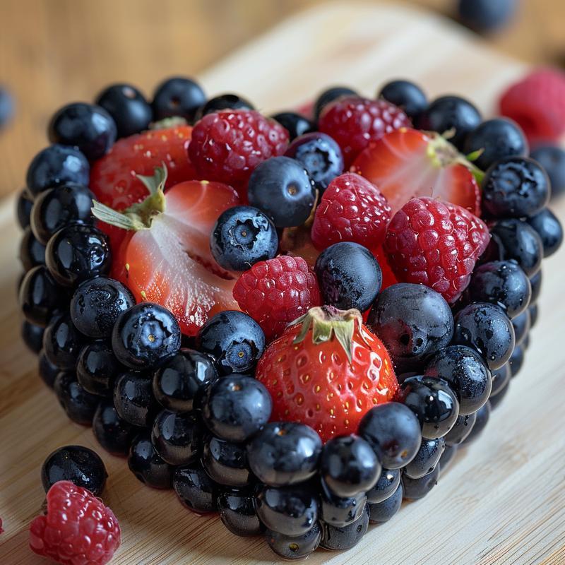 Heart-shaped box filled with colorful fresh berries on a wooden surface.