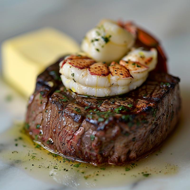 Close-up of surf and turf featuring filet mignon and lobster tail.