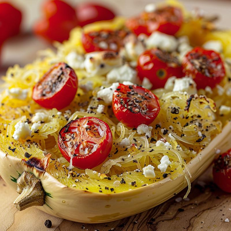 Close-up of baked feta and tomato on spaghetti squash.