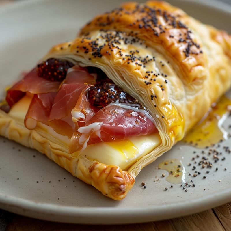 Close-up of baked brie in puff pastry on a grey plate.