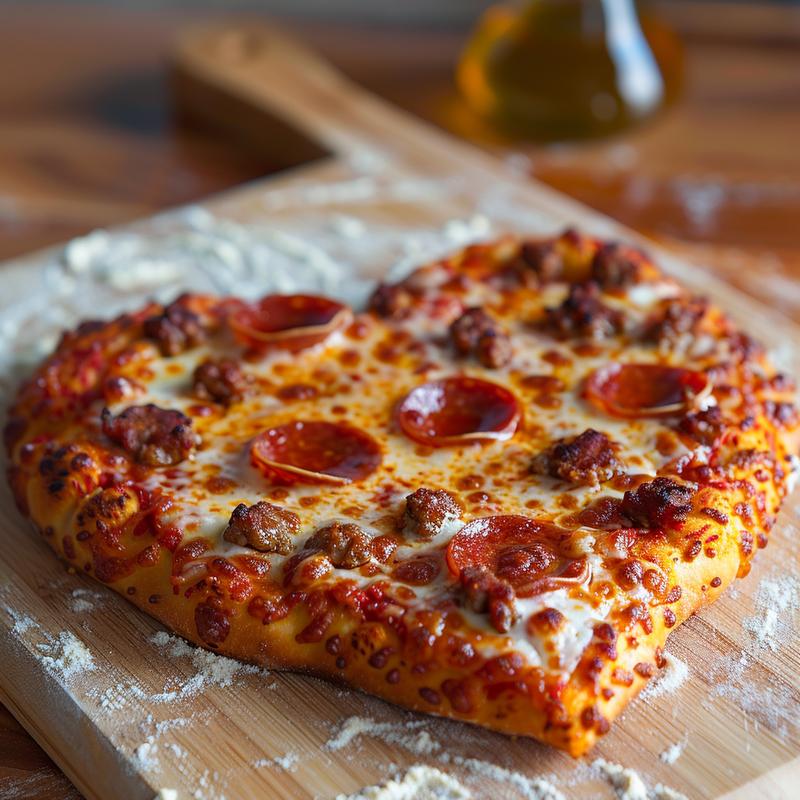 Heart-shaped pizza with pepperoni on a wood board.