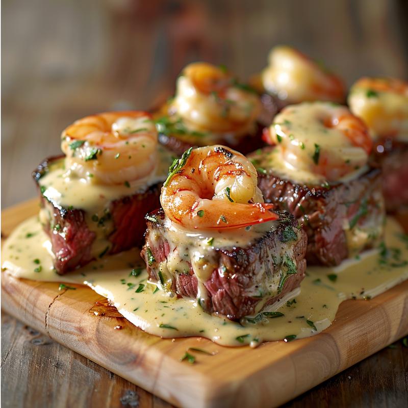 Close-up of surf and turf in creamy garlic sauce.
