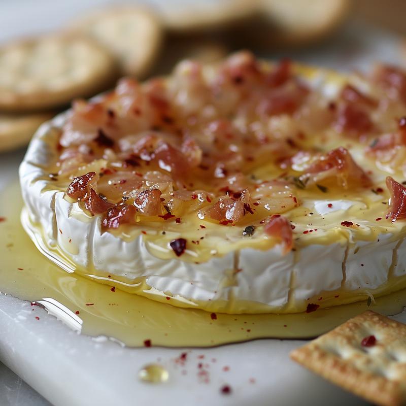 Close-up of baked brie on a marble board with visible honey, red pepper flakes, and crackers.