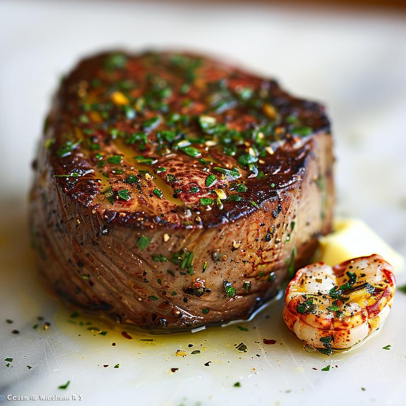 Close-up of perfectly cooked surf and turf on marble.
