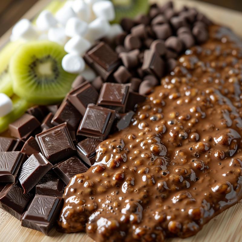 Close-up of chocolate fondue with fruit, marshmallows, on wood.