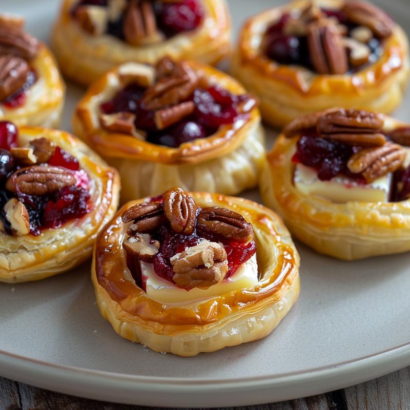 Close-up of baked brie bites with cranberry sauce and nuts on a grey plate.