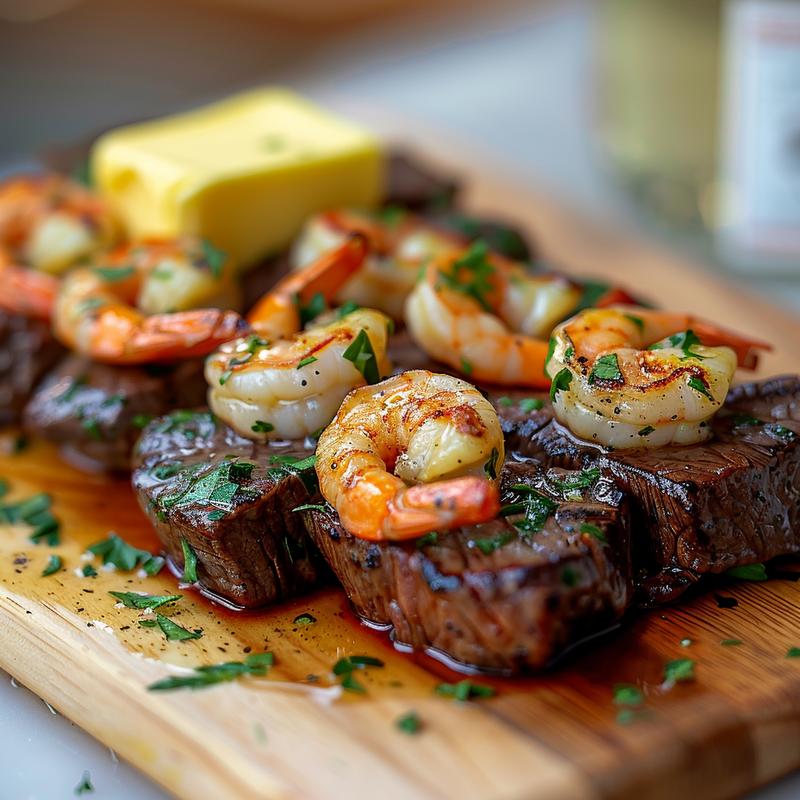 Close-up of garlic butter surf and turf with steak, shrimp, garlic, butter, and parsley on wood.