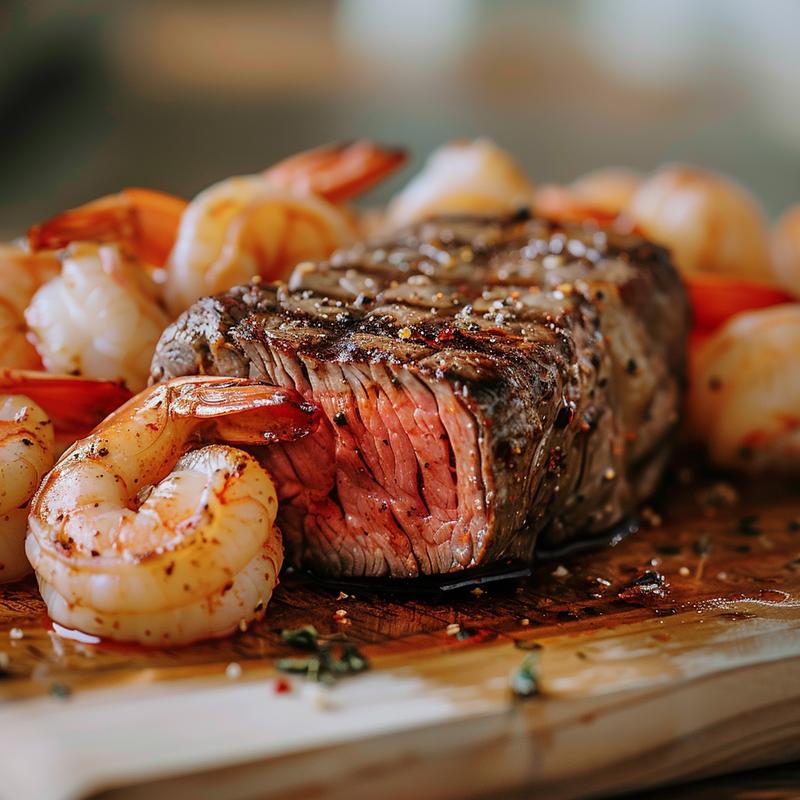 Close-up of air-fried steak and shrimp on a wooden board.