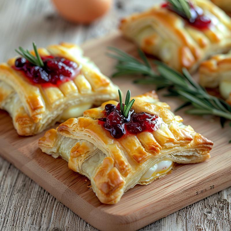 Close-up of small brie cheese Christmas trees on a wooden board.