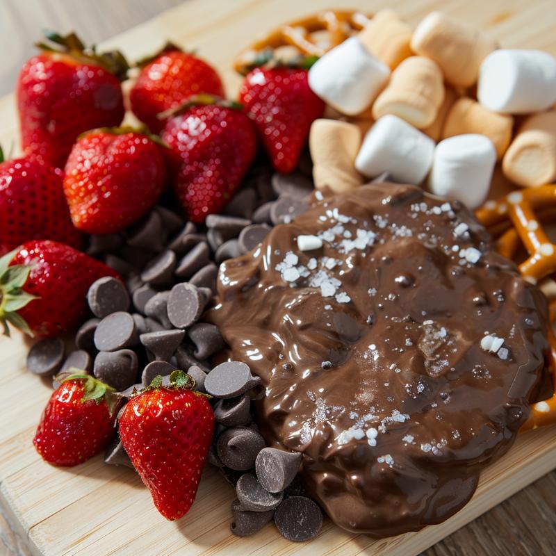 Close-up of chocolate fondue with dippers.