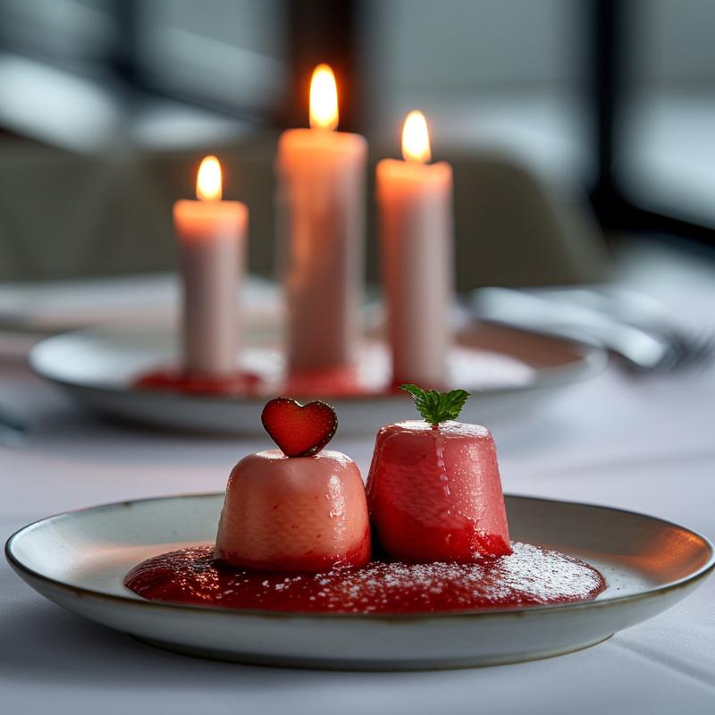 Close-up of a minimalist Valentine's table setting with red and white tablecloth, simple plate, and candles.