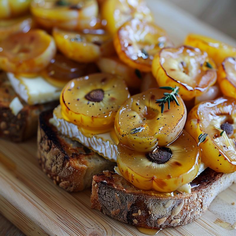 Close-up of a mirabelle and brie sandwich on a wooden board.