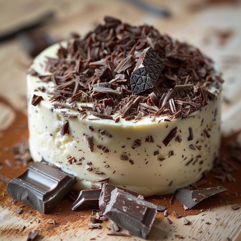 Close-up of truffle chocolate fondue on a light wood board.