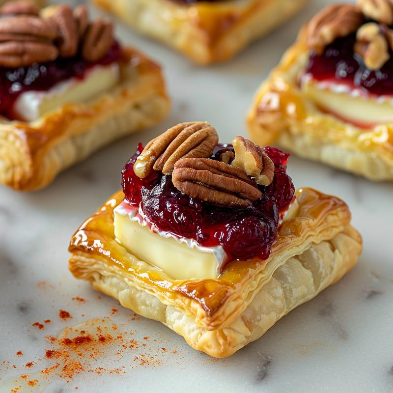 Close-up of golden puff pastry bites filled with melted brie and cranberry sauce on white marble.