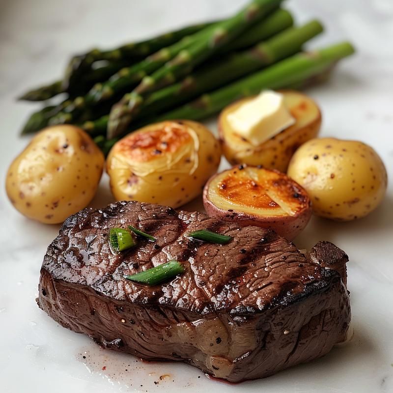 Close-up of steak, asparagus, and potatoes on white marble.