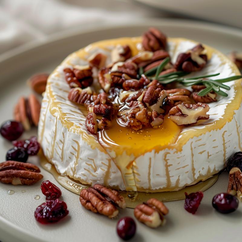 Close-up of microwaved brie topped with nuts and honey on a grey plate.