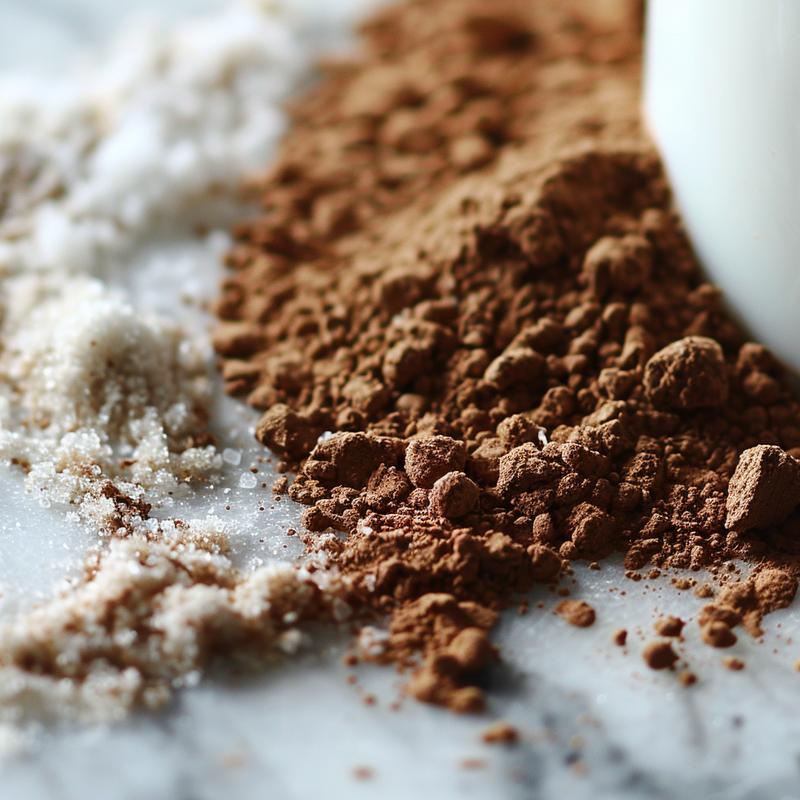 Close-up of rich, creamy homemade hot chocolate with visible ingredients on a white marble surface.